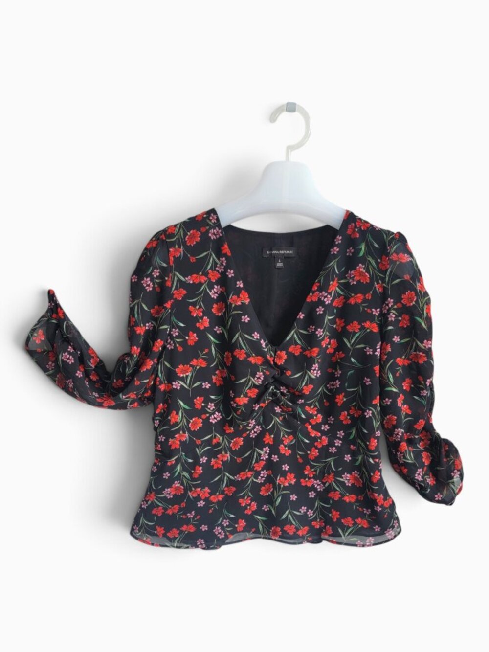 Banana Republic Black Floral Wrap Blouse L Puff Sleeve Romantic Coquette Chic